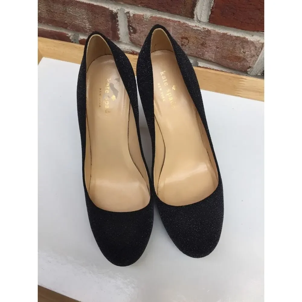 KATE SPADE Sparkly Black Dressy Evening Comfy Heels Pumps Classic 8 ITALY